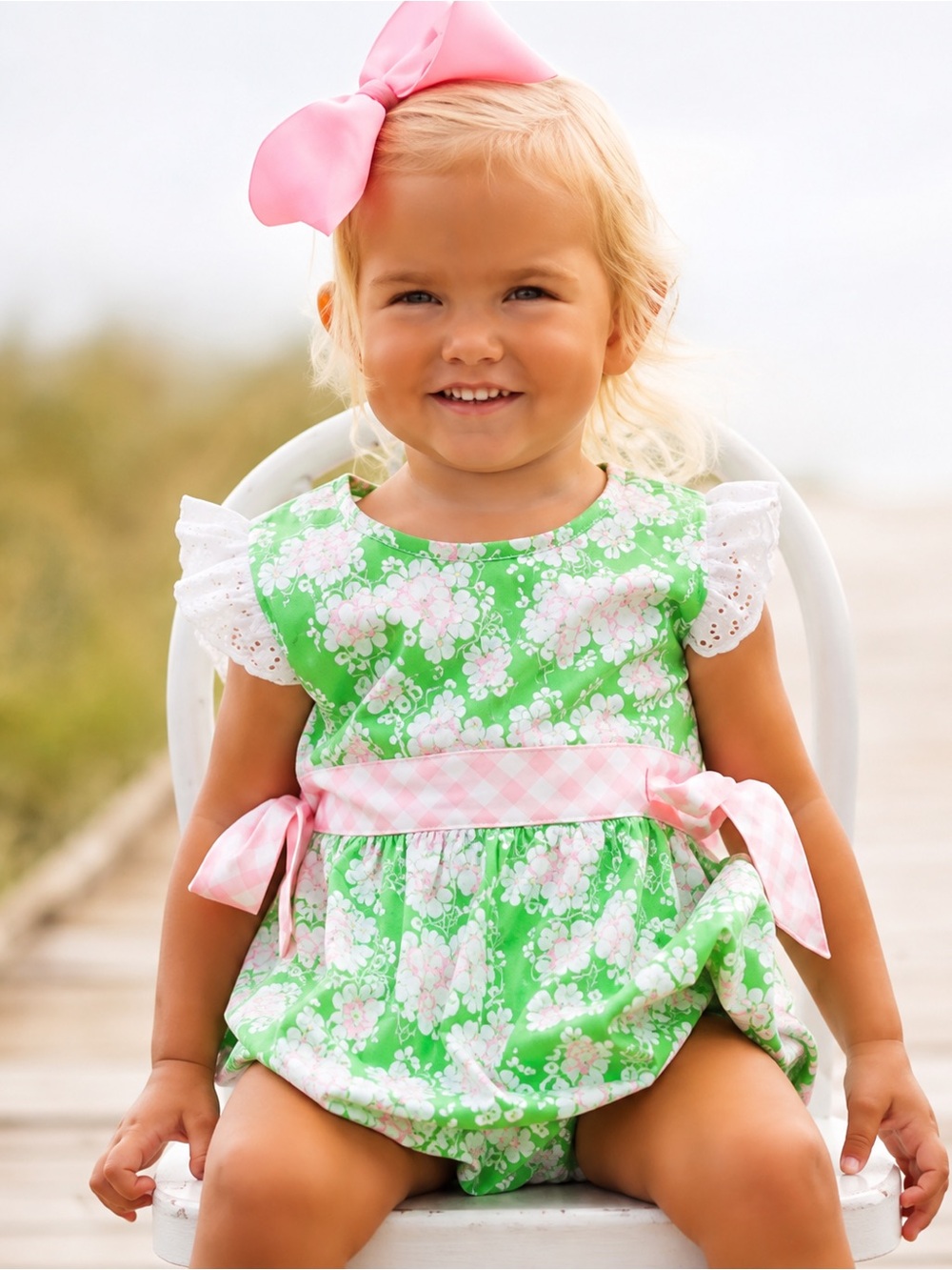 Serendipity Green Floral Baby Bubble Onesie with Pink Gingham Bows 2T-3T